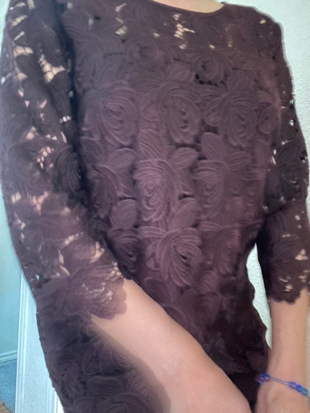 Loft Lace Dress Maroon Size 4 Lace Overlay Quarter Length Sleeve Knee Length